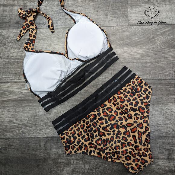 Jodimitty Leopard Print Mesh Accent Bikini Swimsuit Size L - Picture 3 of 3